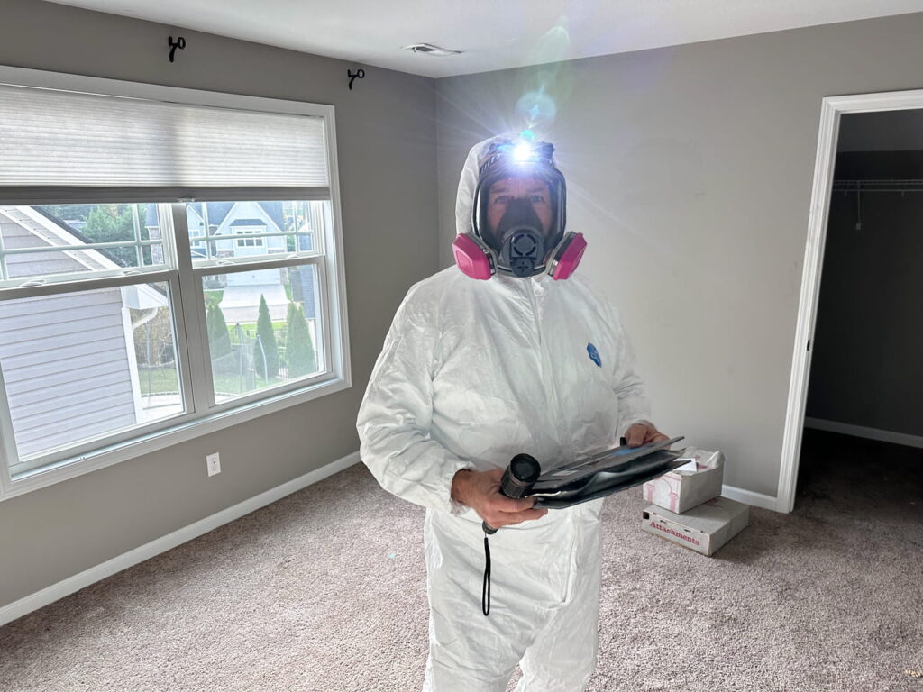 Inspector wearing a white hazmat suit, respirator mask, and headlamp inside a residential room during a safety or environmental inspection.
