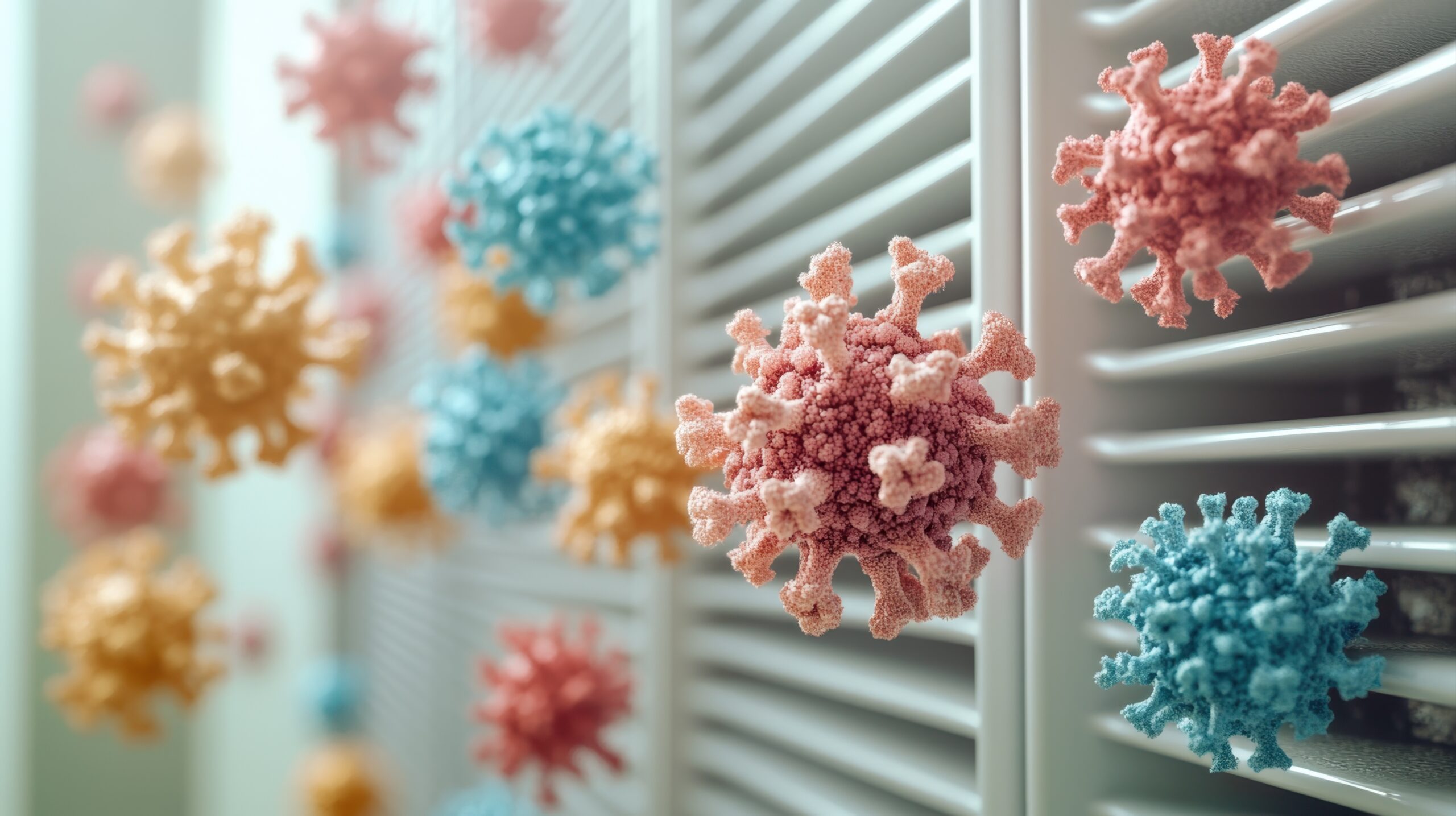 Colorful virus particles around air filter in laboratory environment close-up view for health concept