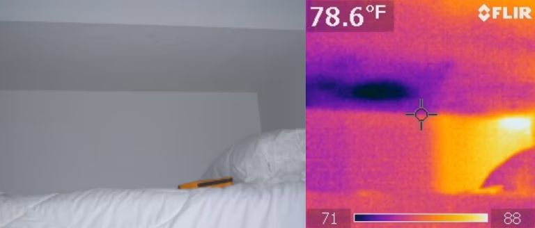 Thermal image of water leak over bed comparing visual vs thermal image.